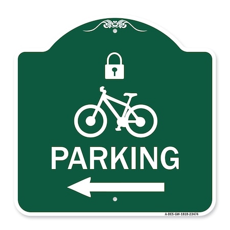 Parking With Lock Cycle & Left Arrow Symbol, Green & White Aluminum Architectural Sign